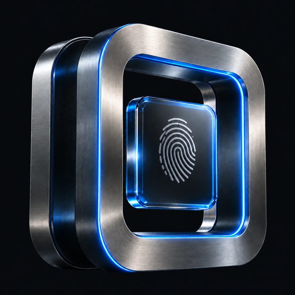 Layered titanium frames protecting a glass identity credential, illuminated in Verifyo blue