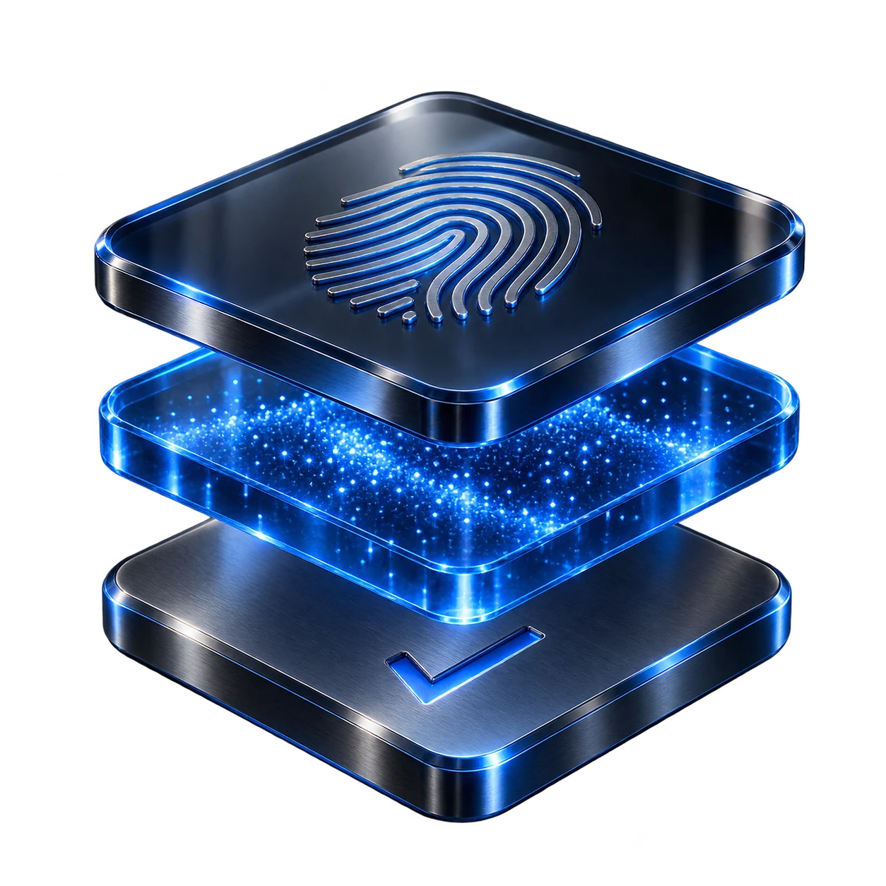 Three blue-lit credential layers separate private identity, zero-knowledge proof, and verified status